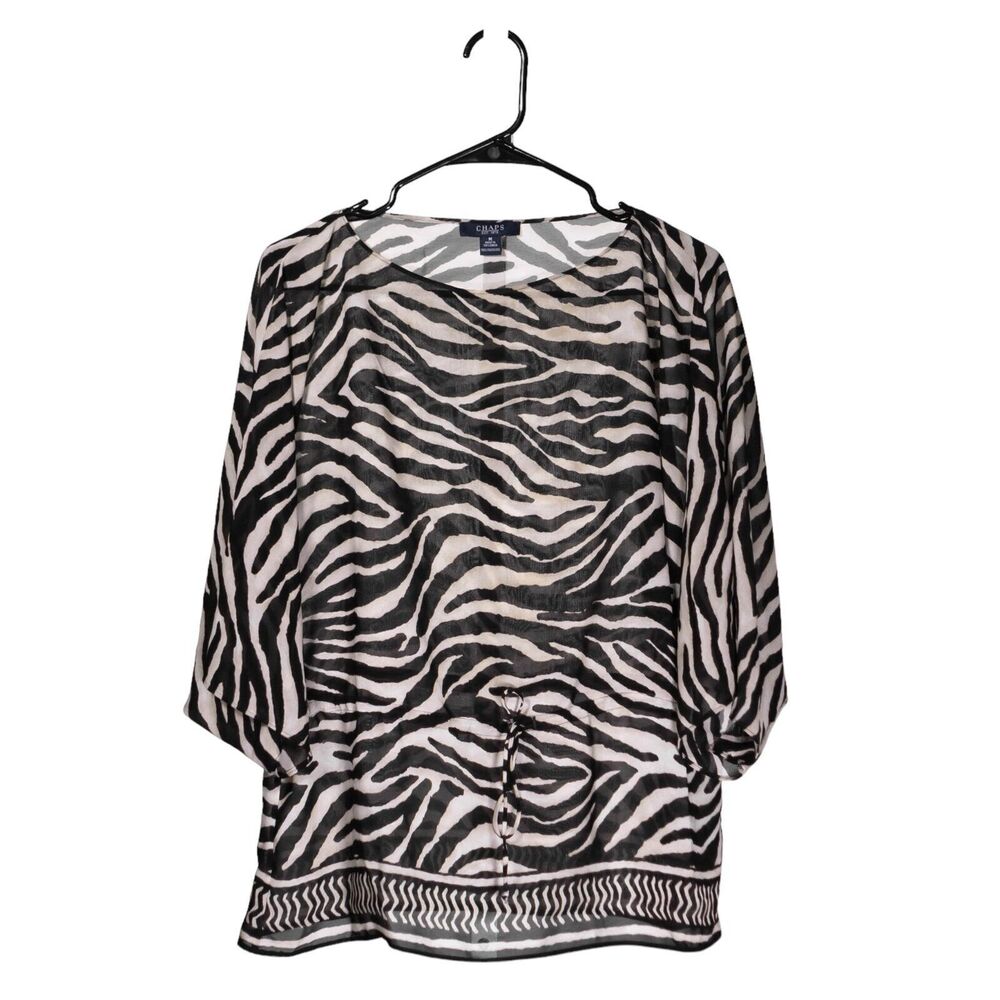 Chaps Ralph Lauren Women Blouse Animal Zebra Print Drawstring Spring Sheer Top M
